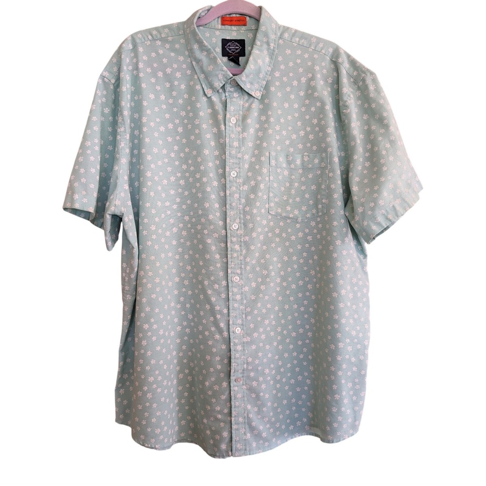St Johns Bay Mens XXL Mint Green Floral Short Sleeve Button Down Stretch Shirt
